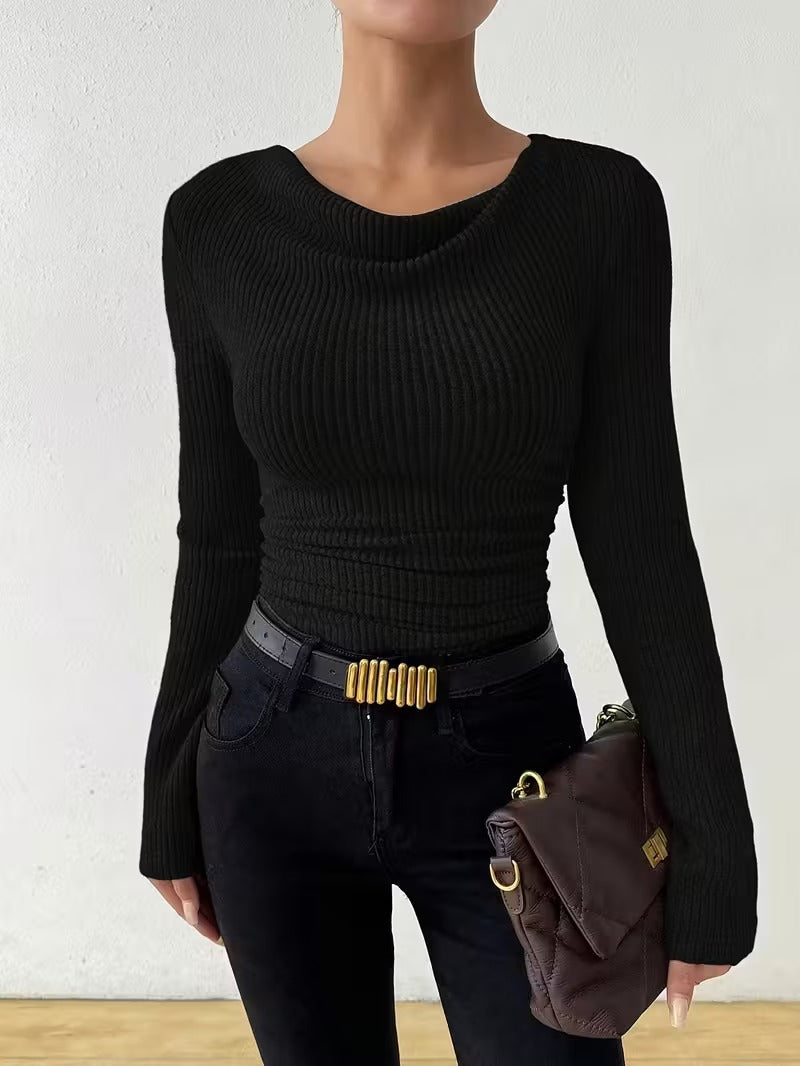 Einfarbiger Damen-Langarm-Strickpullover
