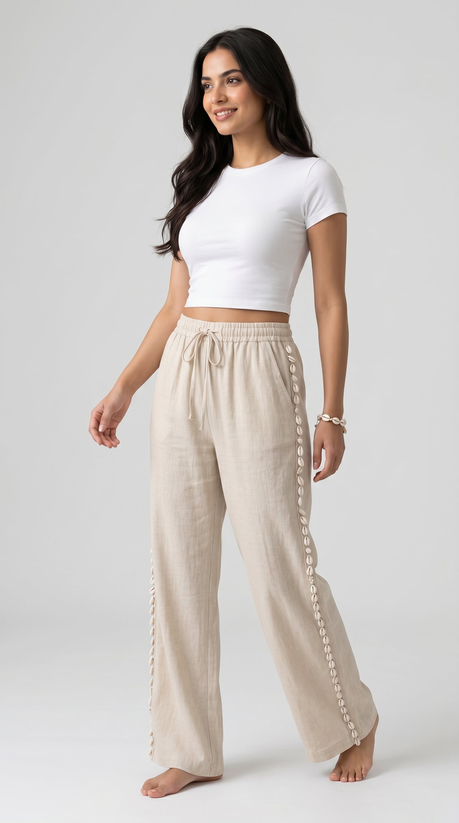 SHELL-TRIM LINEN PALAZZO TROUSERS