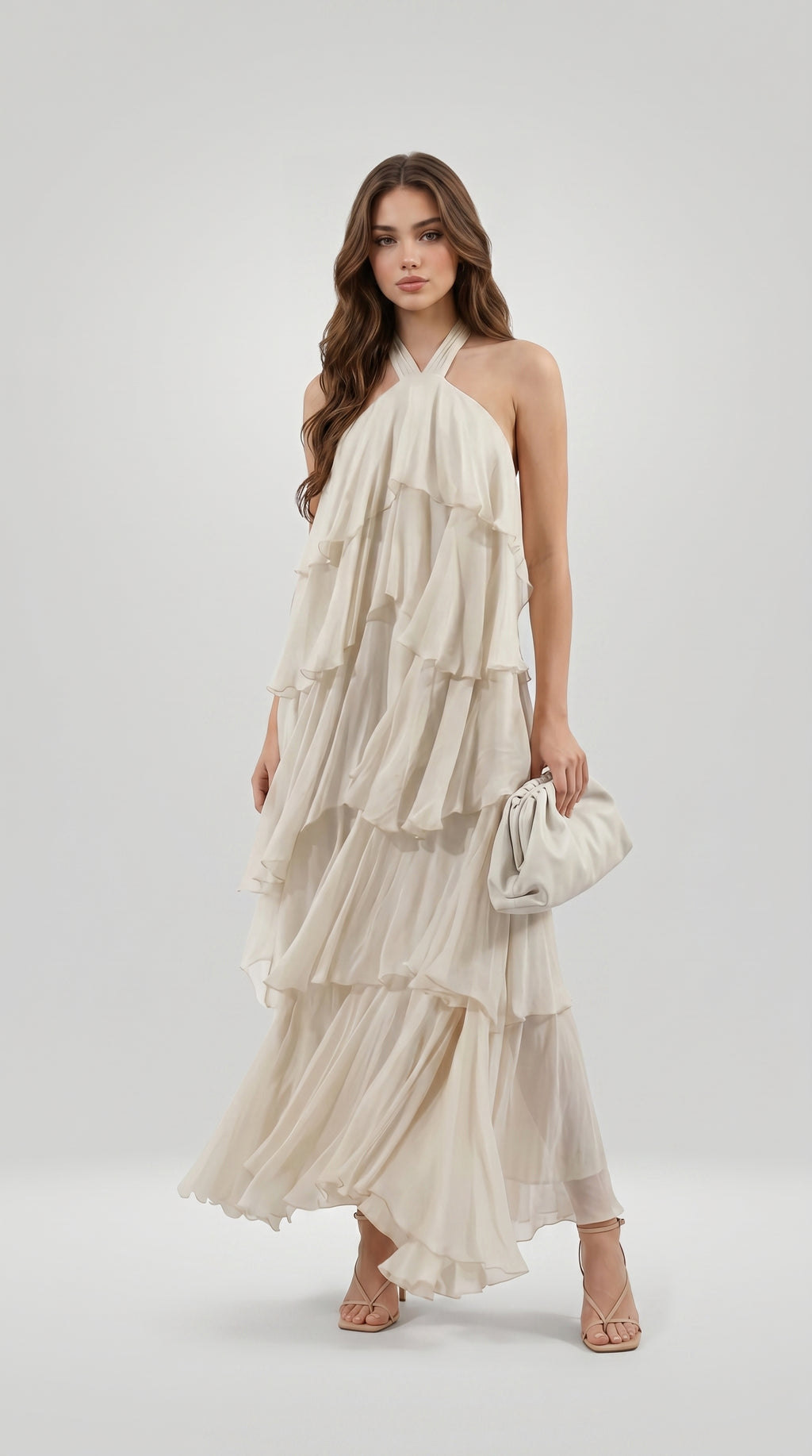 TIERED CHIFFON HALTER DRESS