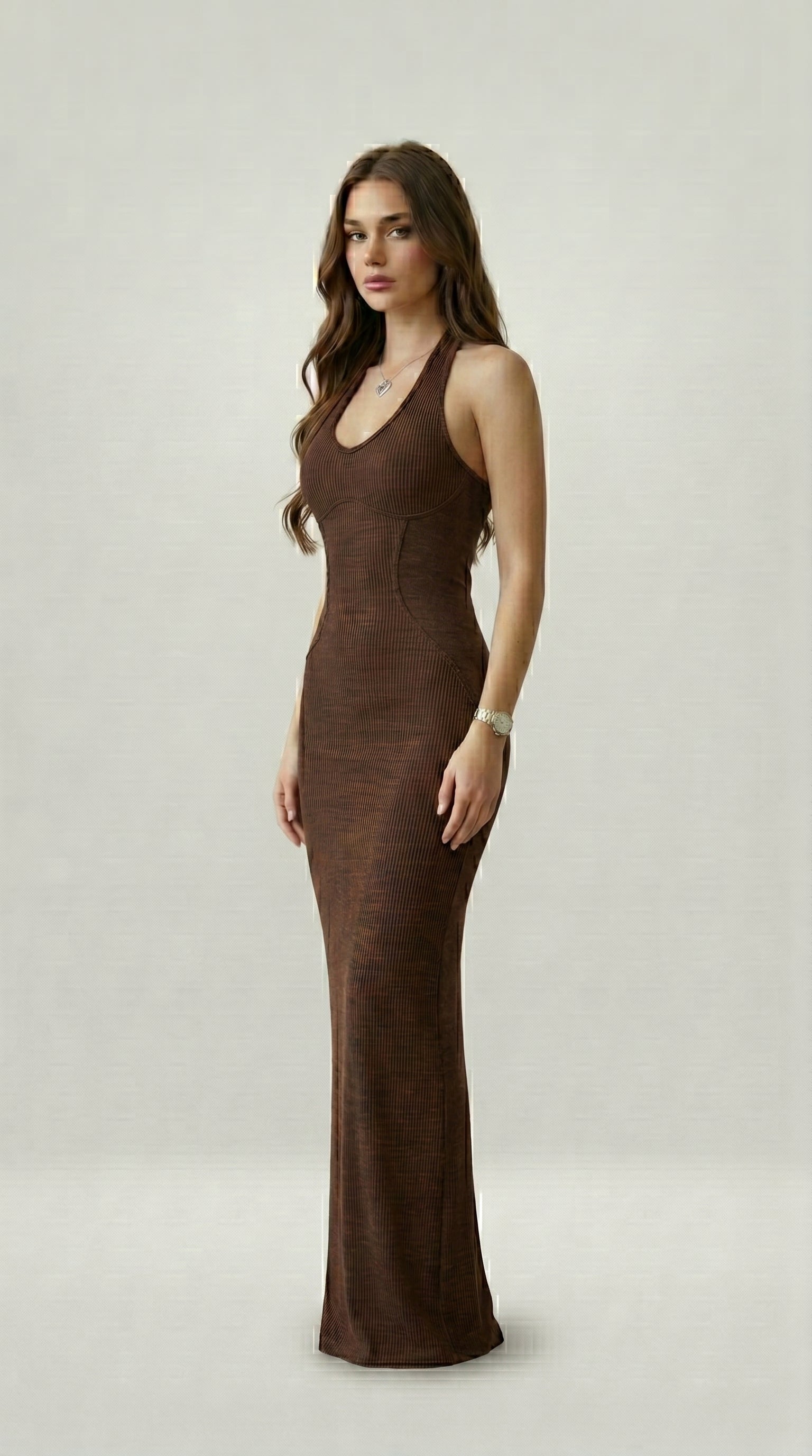 HALTERNECK KNIT MIDI DRESS
