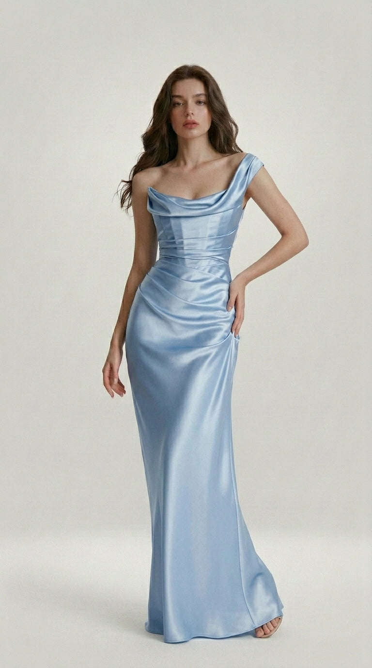 DRAPED SATIN EVENING DRESS