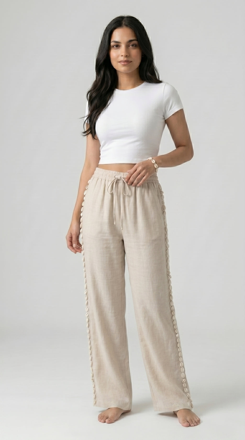SHELL-TRIM LINEN PALAZZO TROUSERS