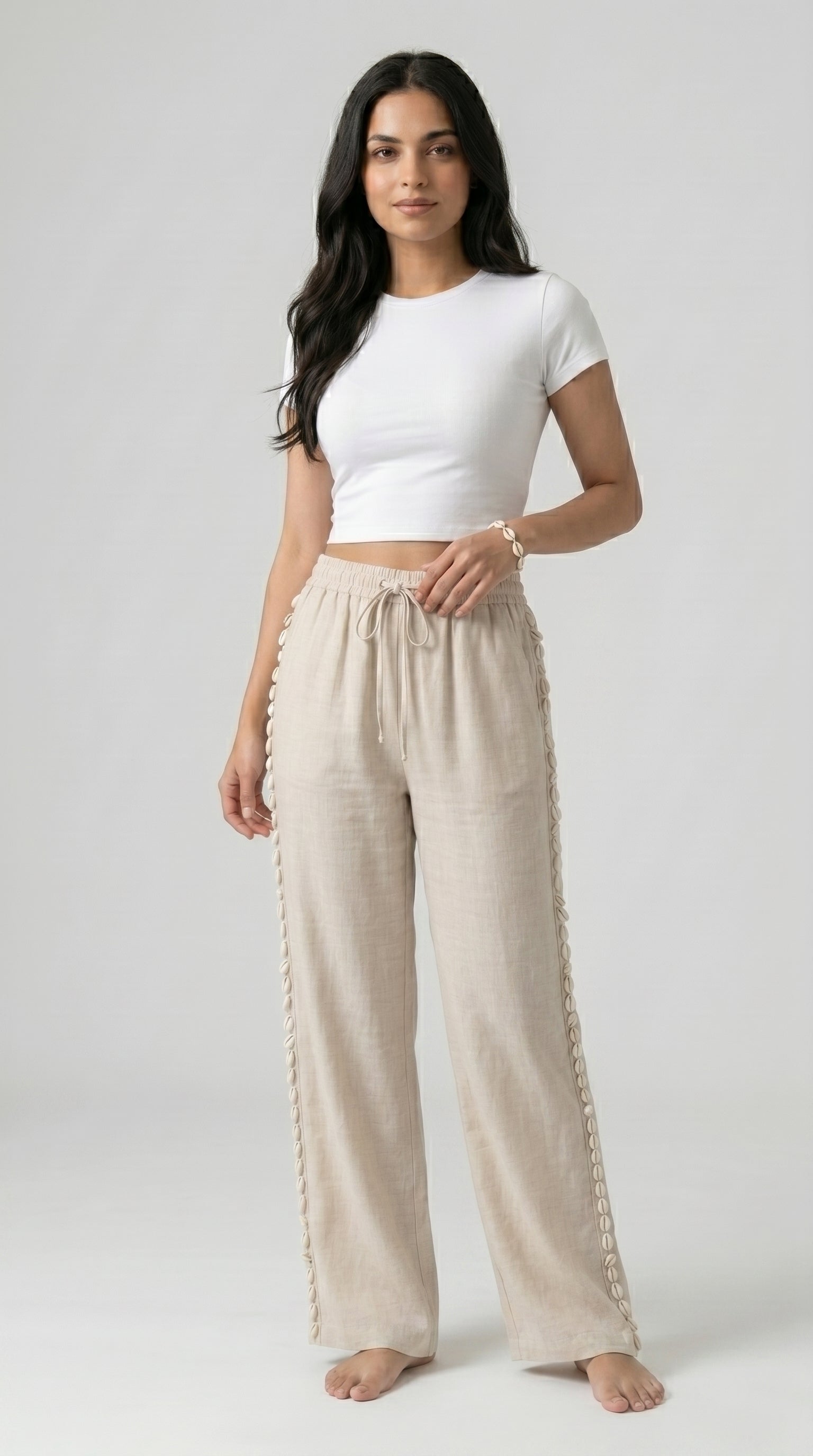 SHELL-TRIM LINEN PALAZZO TROUSERS
