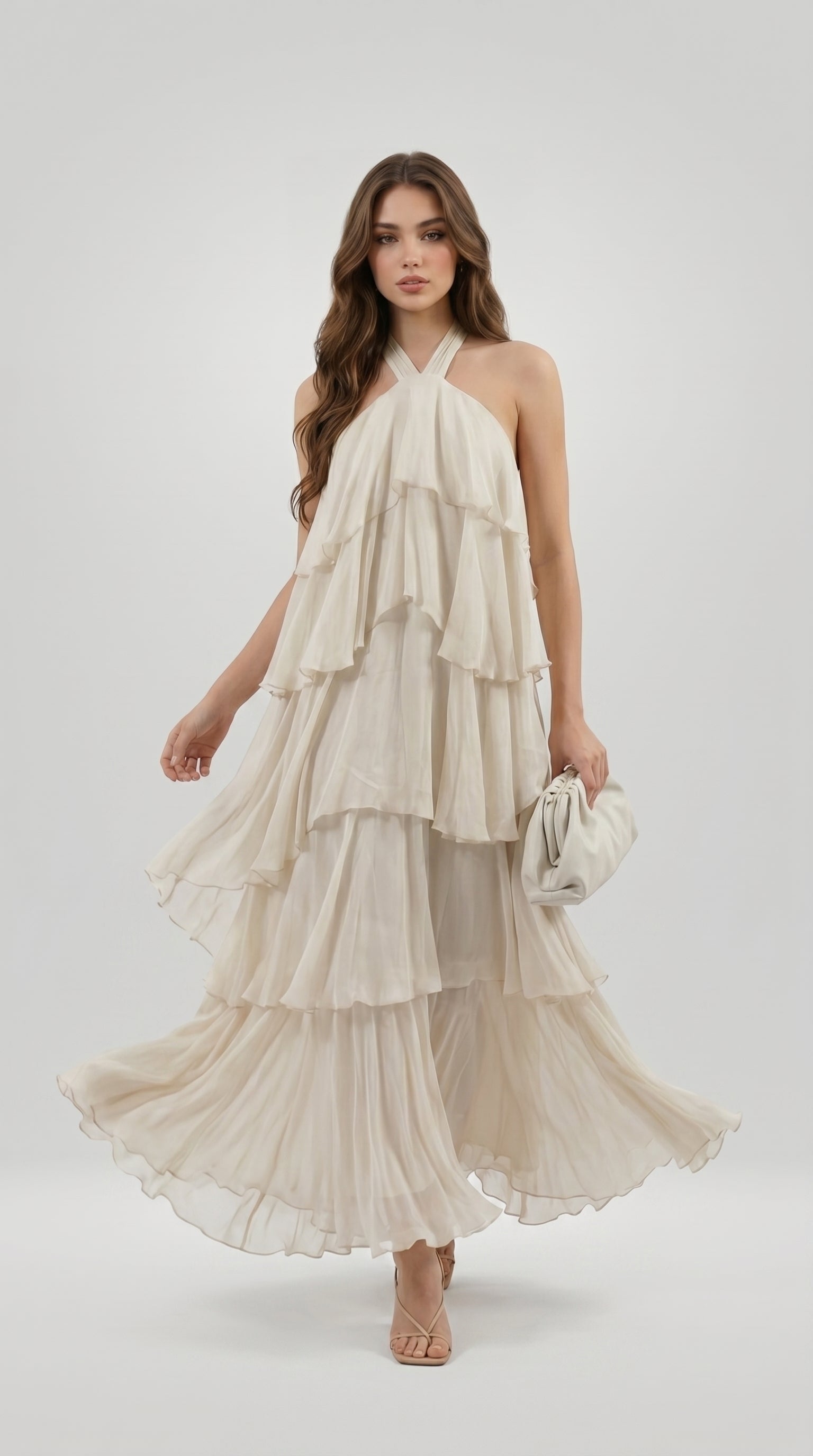 TIERED CHIFFON HALTER DRESS
