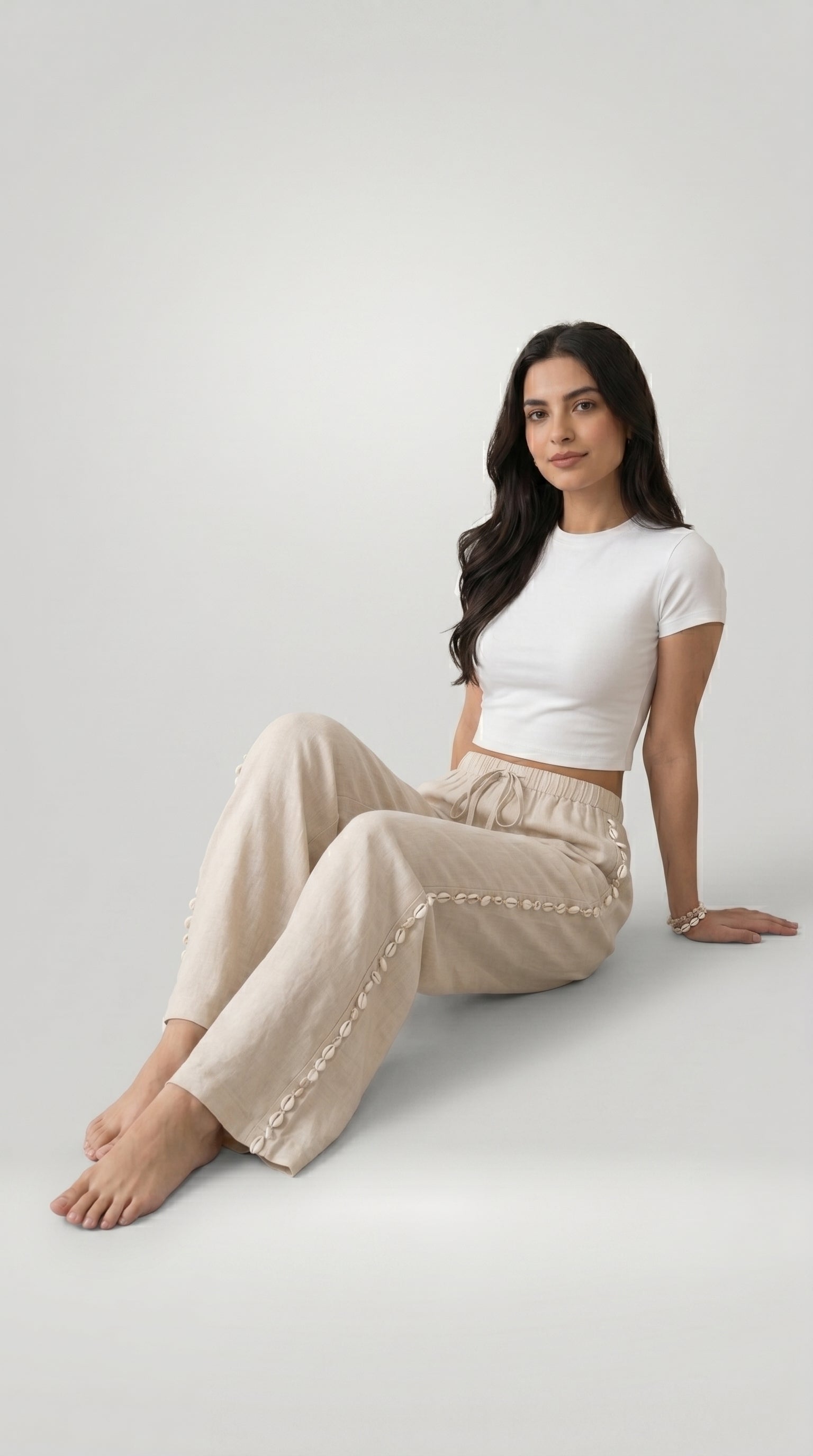 SHELL-TRIM LINEN PALAZZO TROUSERS