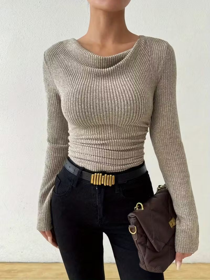 Einfarbiger Damen-Langarm-Strickpullover